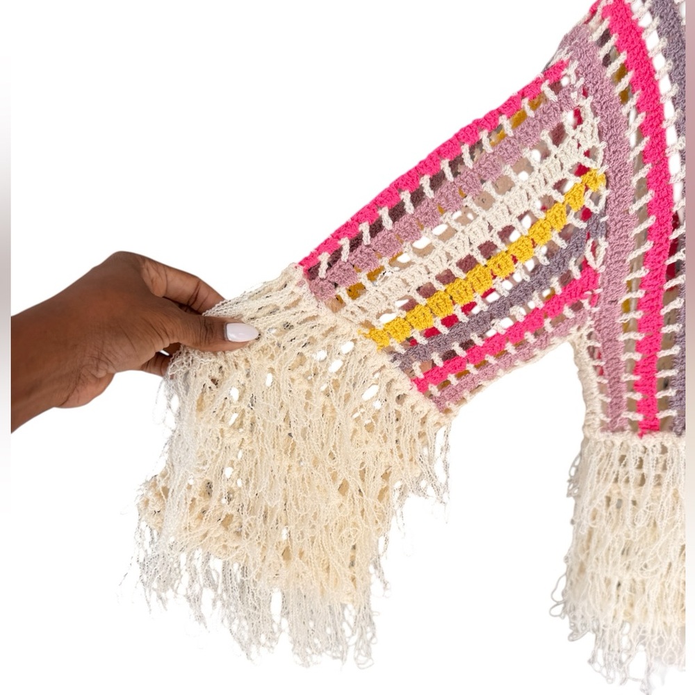 POL Openwork Crochet Fringe Cardigan in Cream, Yellow & Pink Size Large Hooded - Picture 5 of 9